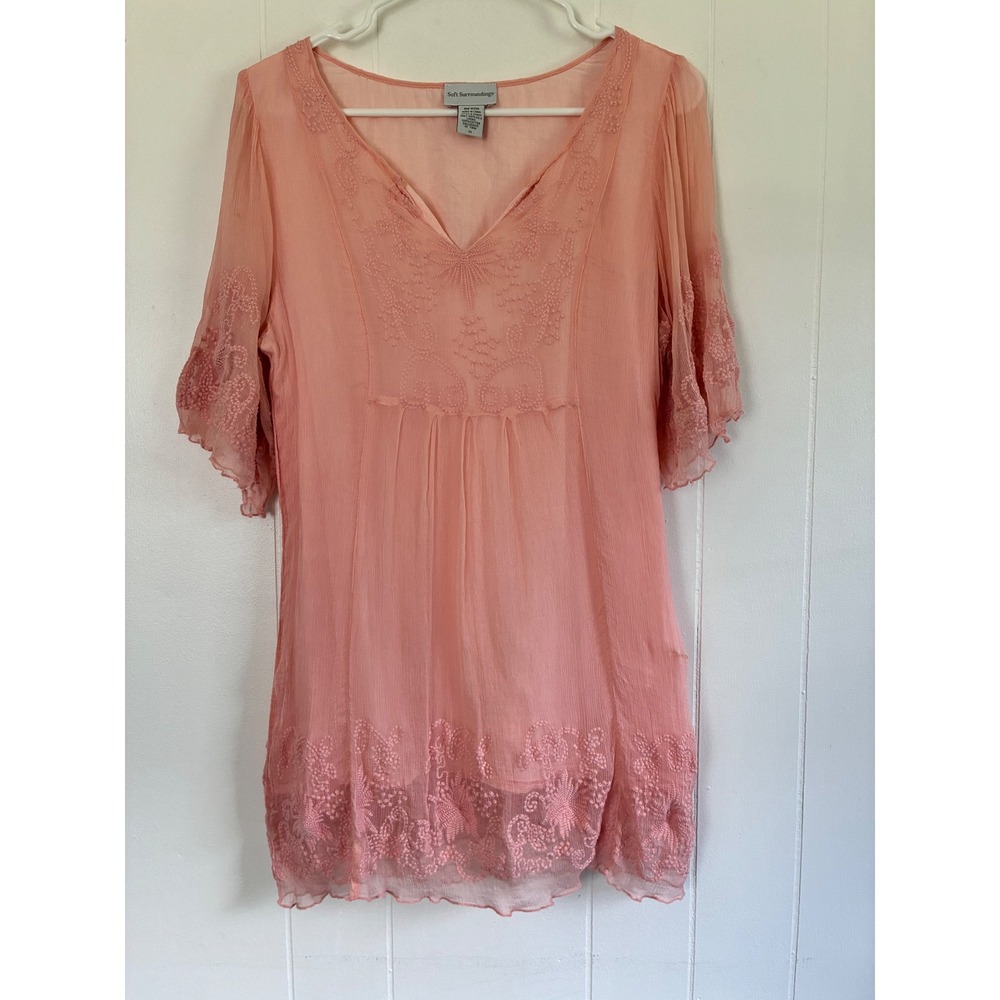 Soft Surroundings Peach Pink Silk Embroidered Tunic Top V-Neck Short Sleeve M